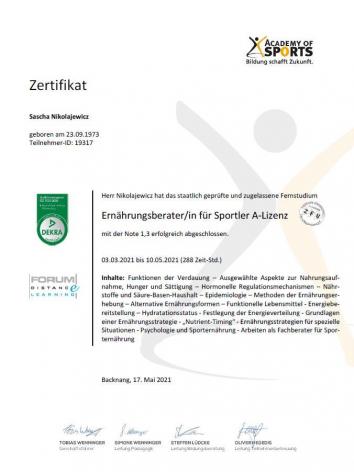 Zertifikat Ernährungsberater für Sportler A-Lizenz